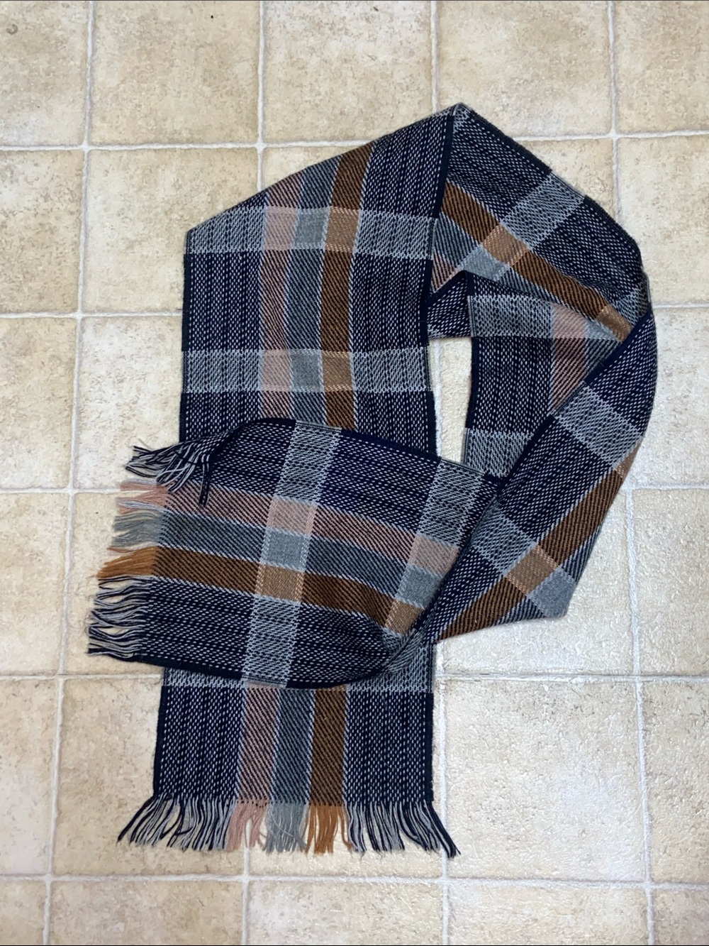 Classic Plaid Fringe Scarf in Navy, Gray, and Brown Unisex